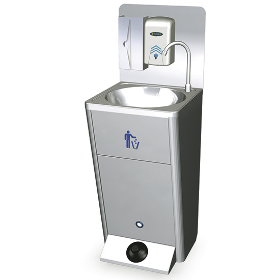 mobiles Handwaschbecken mit Fu&szlig;bedienung, Papiereimer und Seifen- und Papierspender